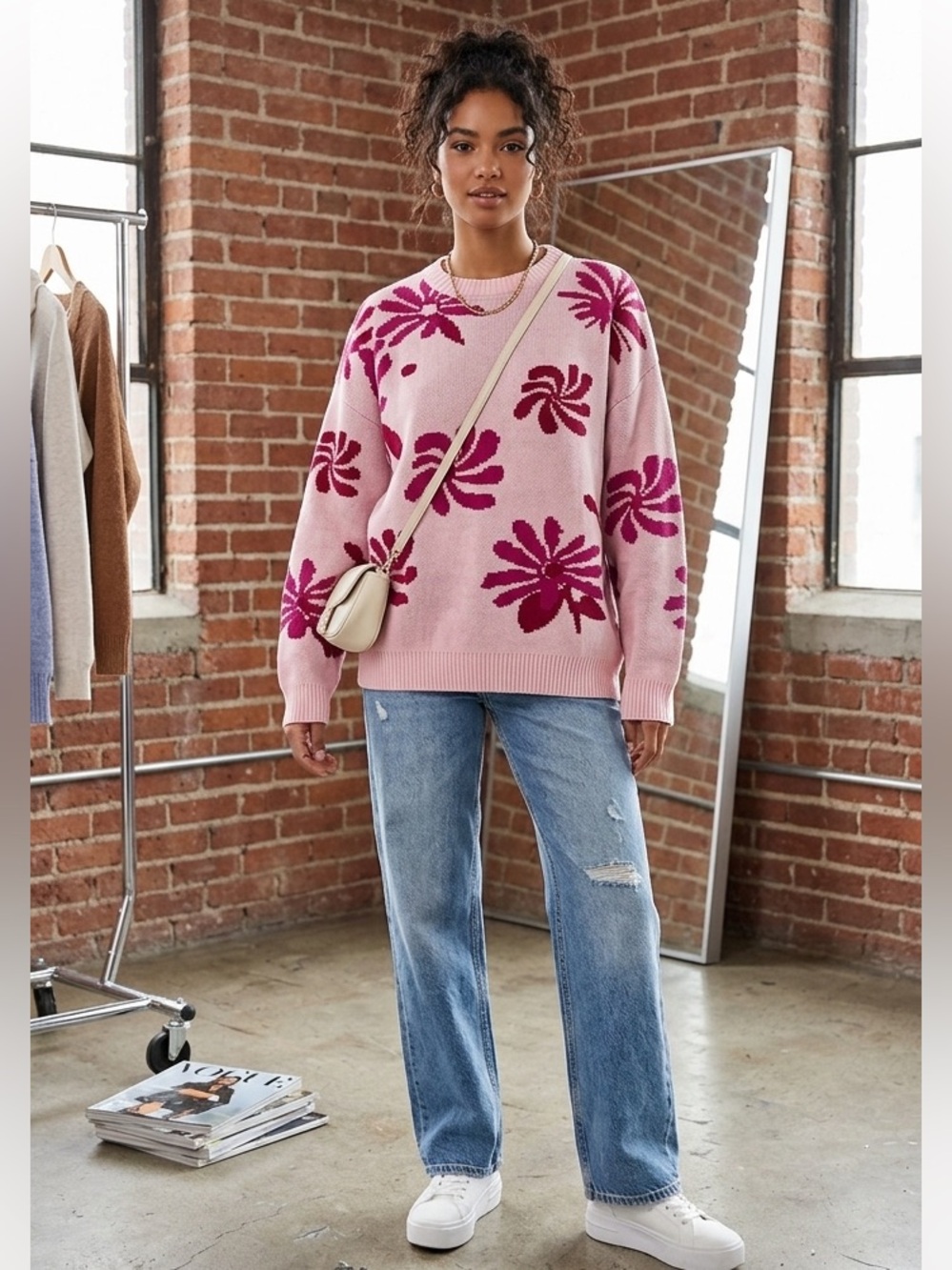 For Days Pink Floral Knit Sweater – Size M – Cozy Statement Pullover
